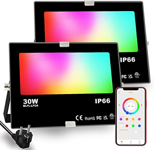iLC RGB Projecteur LED extérieurs 30W, changement de couleur RGBW équivalent 300W, 16 million couleurs, Minuteur, Regroupement, 3000 lumens, blanc chaud 2700K, IP66 étanche (paquet de 2)
