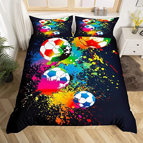 Loussiesd Sport-Bettwäsche-Set für Mädchen, Jungen, Kinder, Fußball-Bettwäsche und Leinen, Sportspiele, Bettbezug-Set, leuchtend leuchtende Fußball-Tagesdecke, Bezug, Einzelbett-Bettwäsche-Kollektion