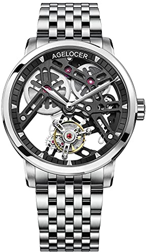 agelocer Orologio analogico da uomo a doppio lato, con tourbillon traforato, meccanico, in acciaio inox, di lusso, con movimento a mano, Nk_9001a9, Bracciale