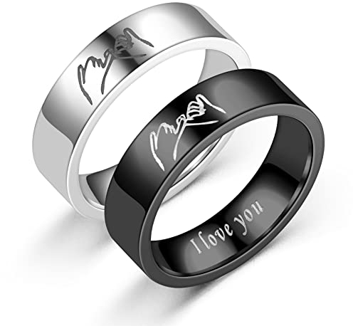 HMOOY Passende Ringe für Paare, Ich Liebe Dich Versprechen Ringe Hand in Hand Pinky Ringe Paarringe Set für Sie Und Ihn Edelstahl Verlobungsbänder (Pinky Versprechen Ring Größe 8)