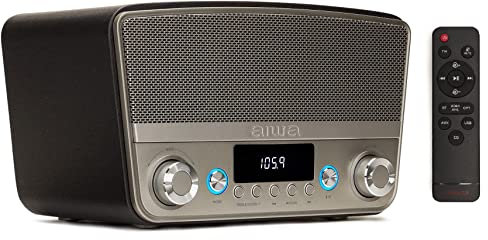 Aiwa BSTU-750BK (UK) Vintage Style Powerful Speaker (Active, Stereo, 50W RMS, Bluetooth, Optical Input, USB, HDMI-ARC, RCA, FM and 6.3mm and 3.5mm Input). Colour: Black