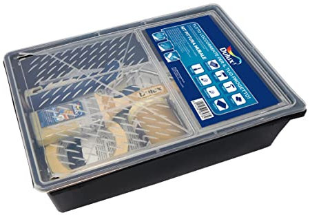 Dulux Kit de pintura mural, juego completo de interior para pintar paredes y techos con rodillos de pintura, bandeja con rejilla, pincel, tela de suelo, cinta de papel y cubierta rodapié