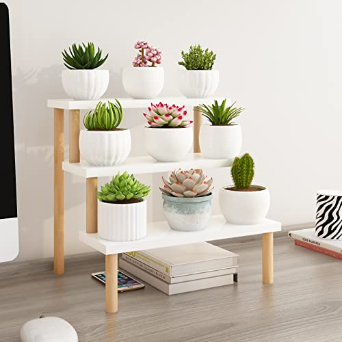 Tovacu Windowsill Plant Stand Shelf 3 Tiers Desktop Organization and Storage Shelf Bathroom Countertop Corner Cupcake Display Stand for Table Wood Ladder,White