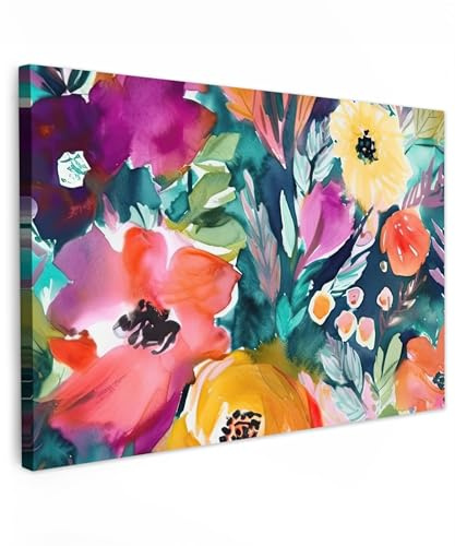 MuchoWow© Wandbilder Groß 120x80 cm XXL Schlafzimmer Home Deko Wohnung Bild Wohnzimmer Fotoleinwand Wand Bilder Leinwand Wall Decor Kunstdruck - Bunt - Blumen - Öl - Kunst - Natur