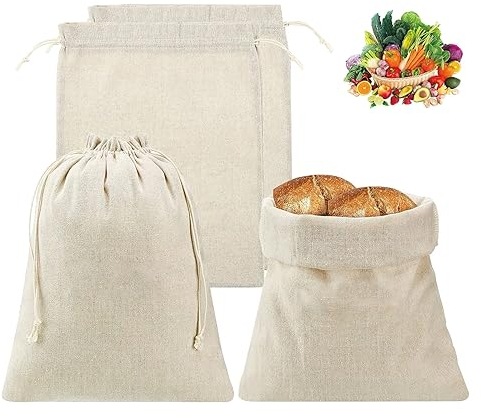 ERNZI Set di 4 Sacchetti in Lino con Coulisse, Sacchetti in Lino Riutilizzabili per il Pane, la Pasticceria, la Frutta e la Verdura (30x40cm)