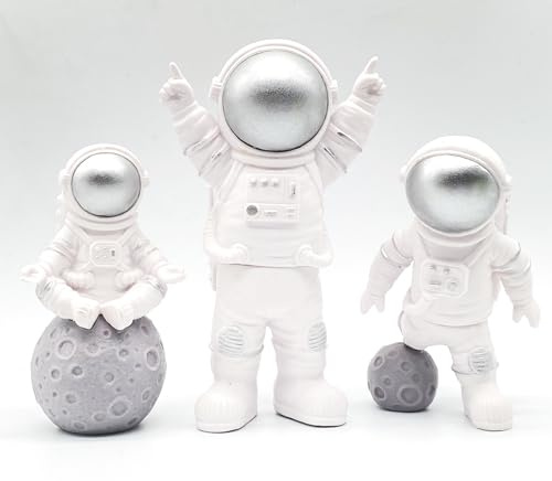 3PCS Set Astronaut Cake Topper Spaceman Cake Topper Mirror Astronaut Statue Decor Spaceman Figure for Birthday Ornament Space Astronaut Theme Party Supplies Desk Decoration (Silver)
