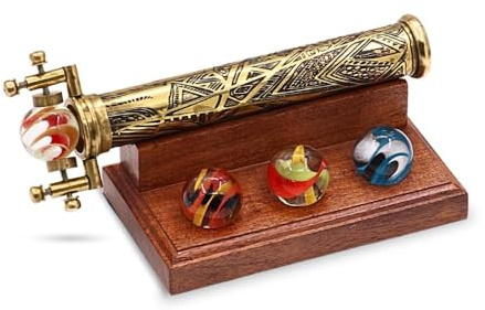 Brass Kaleidoscope | Vintage Antique Etched Brass Design | Interchangeable Marble Scope | Includes Wooden Display Stand | 8x3x3 Inches | Perfect for Collectors, Home Decor & Nautical Gift