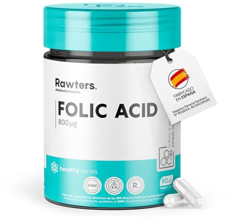 Rawters. Ácido Fólico | 90 Cápsulas - (Vitamina B9) 800mcg por Dosis Diaria | Vitaminas especiales para embarazadas -Contribuye al crecimiento del tubo neural durante el embarazo