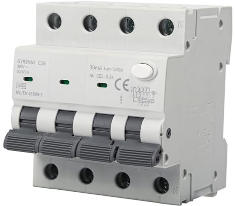 16A Disjoncteur différentiel 30ma 3P+N Interrupteur Différentiel RCBO 6KA AC 380V avec protection contre les courants de fuite, les surcharges et les courts circuits.