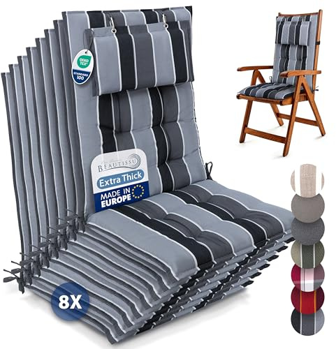 Beautissu 8er Set Premium Hochlehner Auflage Kopfpolster 120x50cm Sun-HL – 8cm Dick Polster Gartenstuhlauflage rutschfest Befestigungsbänder UV-Lichtechtheit 5 – Robust Stoff Anthrazit Gestreift
