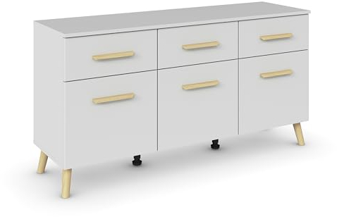 Rauch Möbel Skandi by Aditio Sideboard, Kommode, Schubladenschrank, Lowboard, 3 Schubkästen, Soft-Close, Holzfuß, Farbe Seidengrau, 140x73x42cm
