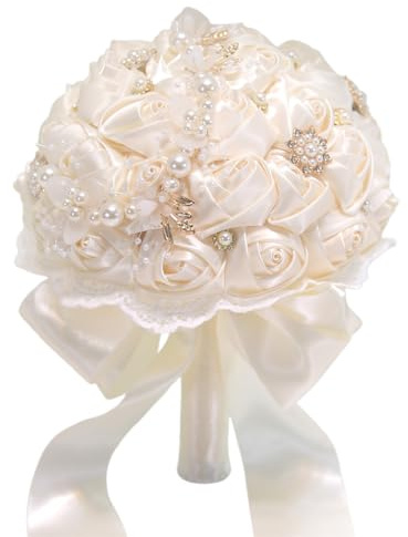 Derefine Bouquet da Sposa con Perle Artificiali di Rose in Raso, Bouquet da Sposa Fatto a Mano Bouquet di Fiori Artificiali con Rose di Raso, Bouquet da Sposa in Cristallo per Matrimonio