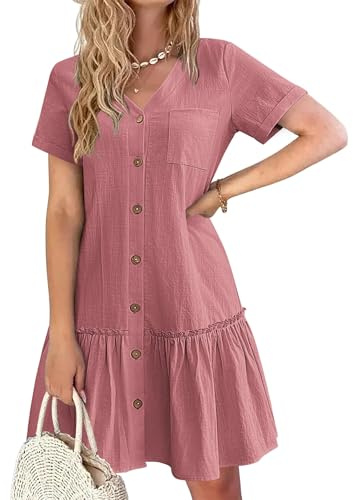 HOTOUCH Women Button Down Dress Loose Summer Cotton Linen Dresses Ruffle Hem Casual Dress Short Sleeve Tunic Dresses