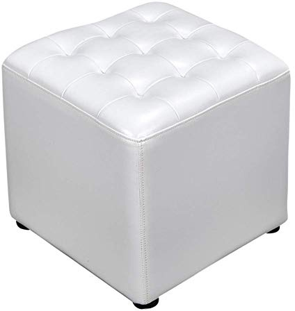 PAROBDO Leather Upholstered Cube Pouf Ottoman,pouffe Footstool Solid Wood Square Leather Living Room Coffee Table Small Bench-white 40x40x35cm(16x16x14inch)