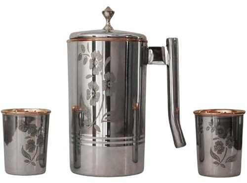 Pichet à eau en acier inoxydable et cuivre pur avec 2 gobelets assortis pour des bienfaits ayurvédiques pour la santé de l'Ayurveda (poignée en laiton)
