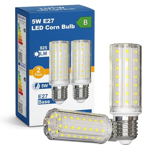LUTW Ampoule LED E27 Maïs Classe B, 5W Ampoules LED (Équivalent 90W Halogène), Ampoule E27 Blanc Froid 6000K, Efficacité Energétique, 925LM, Non-Dimmable, Lot de 2