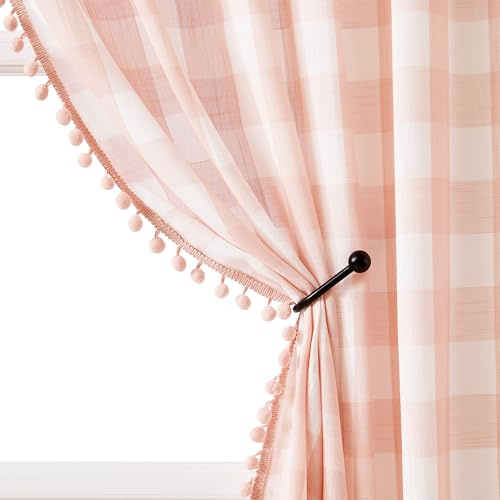 Coral Pink Buffalo Plaid Curtains for Kid's Room 63 Length Pom Pom Window Curtains for Girl's Bedroom Rustic Farmhouse Gingham Check Pattern Semi Sheer Window Drapes, Rod Pocket 42x63, 2 pcs