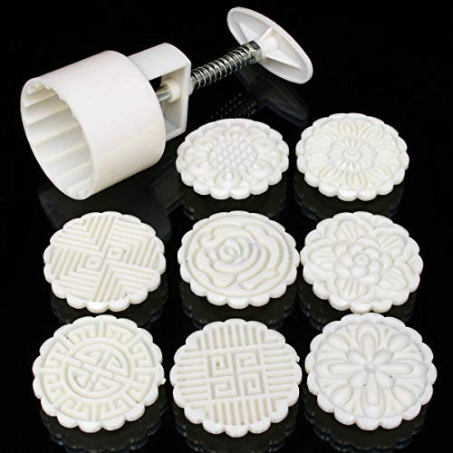 TuToy Round Mooncake Pastry Press Mold Diy Hand Pressure Flower Pattern Mould 75G W/ 8 Stamps