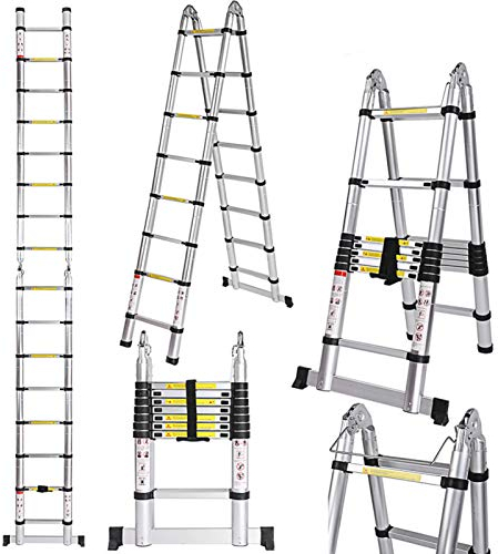 COOCHEER- 5M Escalera Plegable,Escalera Telescópica de Aluminio,Escalera Extensible (5 m, Aluminio, 16 escalones, Carga máxima 150 kg)