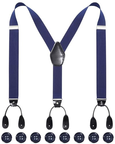 Kajeer Mens Adjustable Button End Suspenders - Y-Back Elastic Tuxedo Suspenders with Heavy Duty Leather Buttons End (Navy blue)