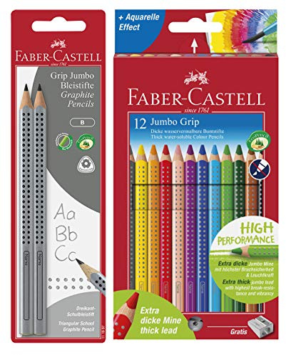 Faber-Castell 111997-2 Jumbo Grip - Lápices (dureza B, color de la caña: plata (+ estuche de cartón Jumbo Grip de 12 unidades)