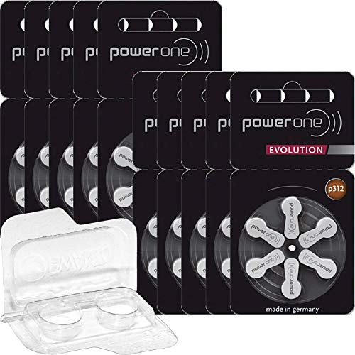 60x Für Power One Evolution Gr. 312 Hörgerätebatterien 1,45V (10x 6er Blister) + Aufbewahrungsbox für 2 Hörgerätebatterien (60 Batterien, braun)