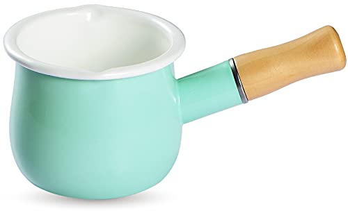 Enamel Milk Pan, Mini Butter Warmer 4 Inch 550ml Milk Pot Half Quart Saucepan Small Enamelware with Wooden Handle for Heating Milk, Melting Butter, Boiling Water