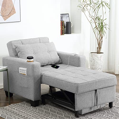 DURASPACE Schlafsessel 3-in-1-Convertible-Stuhl-Bett, ausziehbare Schlafsessel-Betten, Verstellbarer Einzelsessel-Sofa-Bett mit USB-Anschlüssen, Seitentaschen für kleinen Raum (Hellgrau)