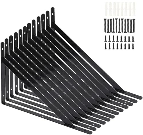 12 Pack L16 x H 10 Heavy Duty Shelf Brackets with Screws Wall Shelf Brackets with 90 Degree Triangle, Black Metal Shelf Brackets, Shelves L Brackets(400x250mm)