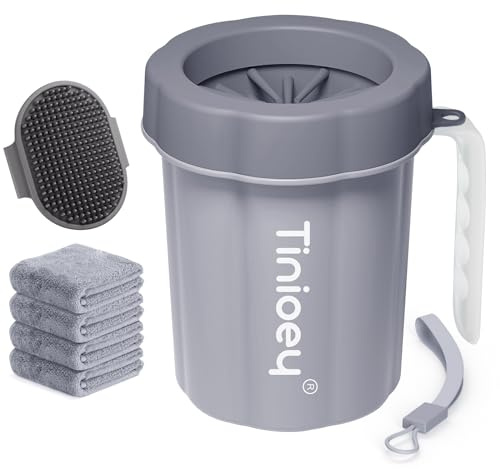 Tinioey Nettoyeur Chien pour Race Moyenne et Petite, Lave Patte Boueuse avec Brosse et Serviettes Absorbantes (Gris)
