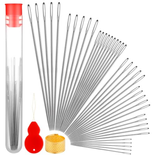 Oruola 40 Stück Lange Nähnadeln,Nähnadeln Großes Öhr,Stopfnadeln,Polsternadeln Lange,Sticknadeln Wollnadeln,Stopfnadeln mit Fingerhutring und Nadeleinfädelhilfe für Webarbeit,Stricken,Nähen
