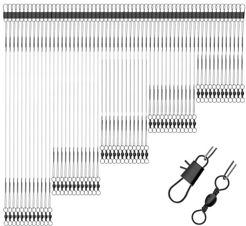 ZYKORT 60 Stück Vorfach Angeln Set, Stahlvorfach mit Haken, Wirbel & Snaps, Stahlvorfach Hecht, Stahlvorfächer Raubfisch, Vorfachschnur 5 Größen, Angelzubehör für Salzwasser Süßwasser