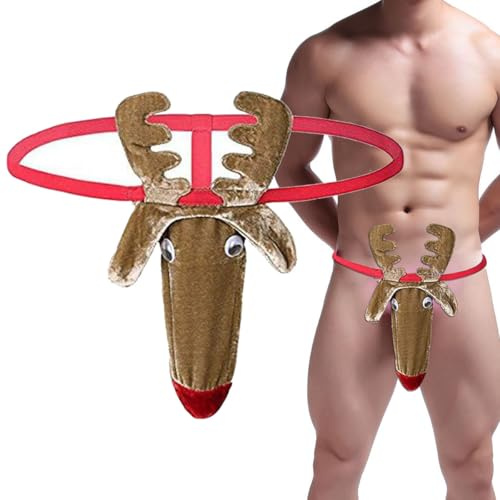 VemeFufu Tanga Hombre Ropa Interior Sexy Tangas Thong de Ciervo Navideño Animal Divertido Eróticas Hilo String Calzoncillos 1 Pack Marrón