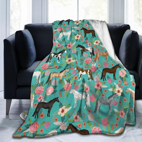 HYEPNED Cute pony and flower blanket Cartoon farm animals Soft and light plush Sofa/Bed/TV/Horse lover Girl Gift Ladies Men 150x130cm (60 * 50)