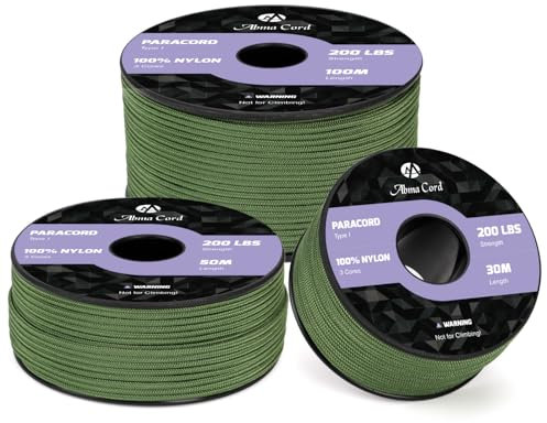 Abma Cord Paracord 2mm 50m Nylonschnur 3 Kern Seil Typ I Schnur für Basteln, Camping, Outdoor - Max. 90kg (200lbs) - Waldgrün