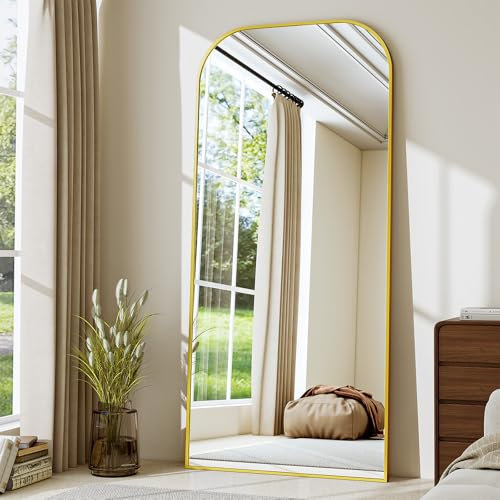 BEAUTYPEAK Espejo de pie minimalista de 180x70 cm, espejo de cuerpo entero para montaje en pared o independiente, lente irrompible, gran espejo de pared para dormitorio, pasillo, salón en color dorado