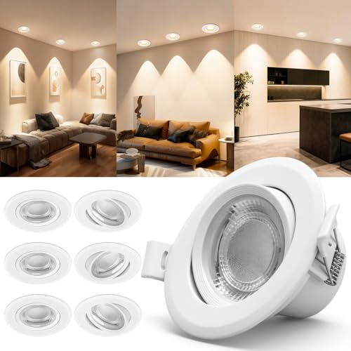 Aigostar Infälld LED-taklampa, 5W motsvarande 53W halogen, varmvitt 3000K ljus, 30° roterbar vinkel, LED-takspotlights för inomhusbruk, Ф70-75 mm, 6-pack, AC 220-240V