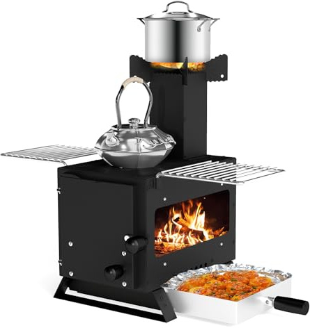 COSTWAY Wood Stove, Camping Burning Stove with Pot Rack, Chimney Pipe and Glass Window, Portable Tent Wood Stove Heater for Picnic Fishing Hiking (54 x 36 x 44 cm, with Oven Pan & 2 Grills)