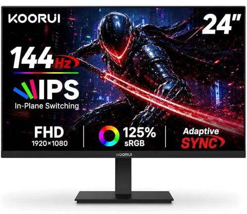 KOORUI 24 Inch Gaming Monitor 144Hz Full HD 1920 x 1080p IPS Ultra-Slim Display with HDMI VGA, Adaptive Sync, 99% SRGB, VESA 100x100mm, Eye Care, Tilt, HDMI 2.0, Black, E2411K