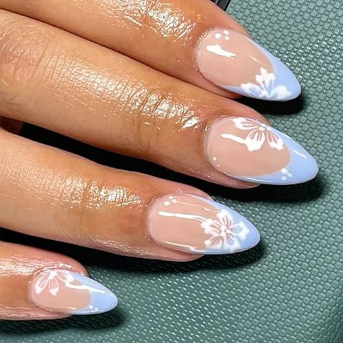 24PCS Blue French Tip Press On Nails – Medium Almond Shape Acrylic Fake Nails – 3D Floral Design Glossy Reusable ABS False Summer Kit for Women 12 Sizes for Wedding & Party DIY