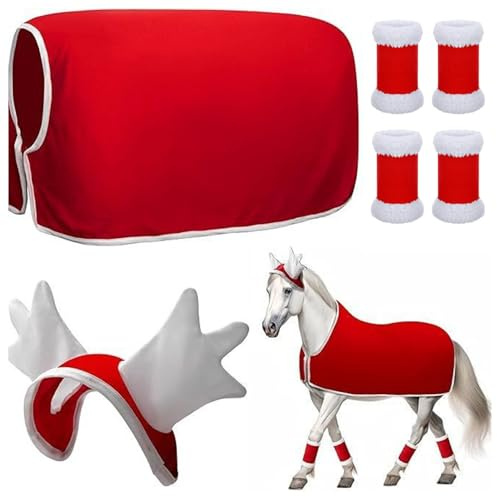 Obelunrp 6 stycken/set julhästtillbehör, inklusive 4 stycken hästbenbandage, hornhatt och cape, mjuka juldräkter för festparader på vintern, juldekoration