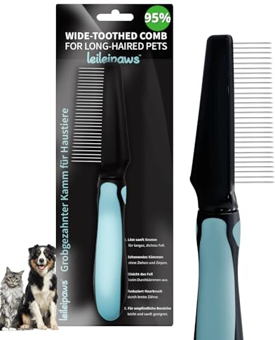 LeileiPaws Entwirrkamm & Breitzahnkamm für Hunde & Katzen – Fellpflegekamm gegen Knoten, lose Haare & Schmutz – Edelstahlzähne, ergonomischer Anti-Rutsch-Griff, für Langhaar & Lockiges Fell Haustiere