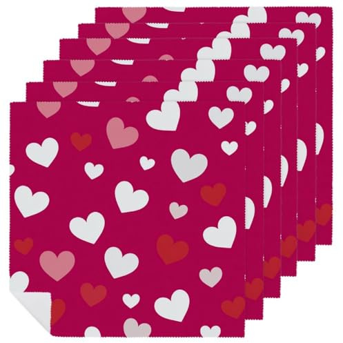 Set di 6 tovaglioli di stoffa minimalisti con cuori bianchi e rossi per San Valentino, quadrati, riutilizzabili, lavabili, in poliestere, per cene e feste