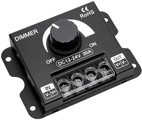 HNCY LED-ljusremsa dimmer, DC 12 V – 24 V dimmer strömbrytare PWM LED dimmer, DC 12 V-24 V 30 A roterande dimmer för enfärgade LED-lister, steglös dimning, dimmer för 5050 3528 lysdioder ljusremsa