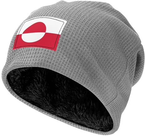 Light Grey Waffle Knit Pullover Hat, Exquisite Greenland Flag Pattern Fleece Lined Beanie, Warm and Soft Winter Cap, Light Grey, One Size