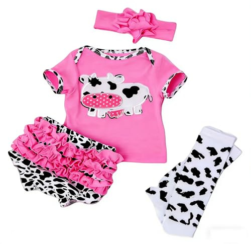 WEQNT Set di vestiti per bambole neonate, per bambole Reborn da 50-55 cm, 4 pezzi, con motivo mucca, body rosa con pantaloni a volant, scaldamuscoli e fascia, in cotone, unisex