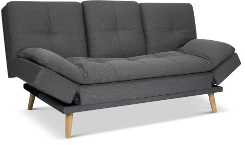 Bravich Soho Click Clack 4-in-1 Convertible 3-Seater Linen Blend Upholstery Reclining Sofa Bed with Drinks Table & Cup Holders, Space-Saving Design, Modern Scandinavian Style - Dark Grey