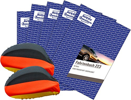 Avery Zweckform 223 Fahrtenbuch für PKW (A5, 40 Blatt) weiß 5 Stück [ WM Fan Set ] inklusive 2 Deutschland-Fahnen für Autospiegel (außen)
