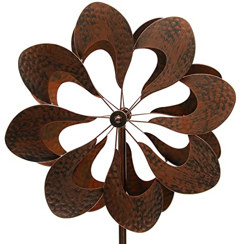 HAFIX Windrad Windblume 3D Optik Ø53cm. Windspiel für den Garten aus Metall. Windmühle mit Höhenverstellung dekorativ einzigartiger Blickfänger, wetterfest & UV-beständig in Kupfer, H: 183cm.