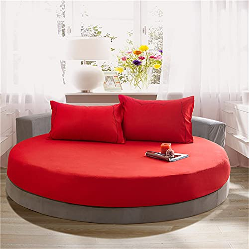 Treer Spannbetttuch Baumwolle Runde Spannbettlaken, Weiche Atmungsaktivem Einfarbige Bedding Hotel Spannbetttuch für Rundbett, Elastische Tiefe Tasche, Große Größen (Rot,180x180+25cm)